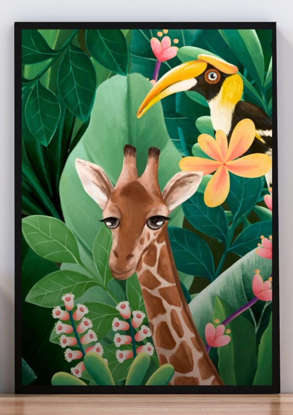 Cuadro ilustración de jirafa y tucán